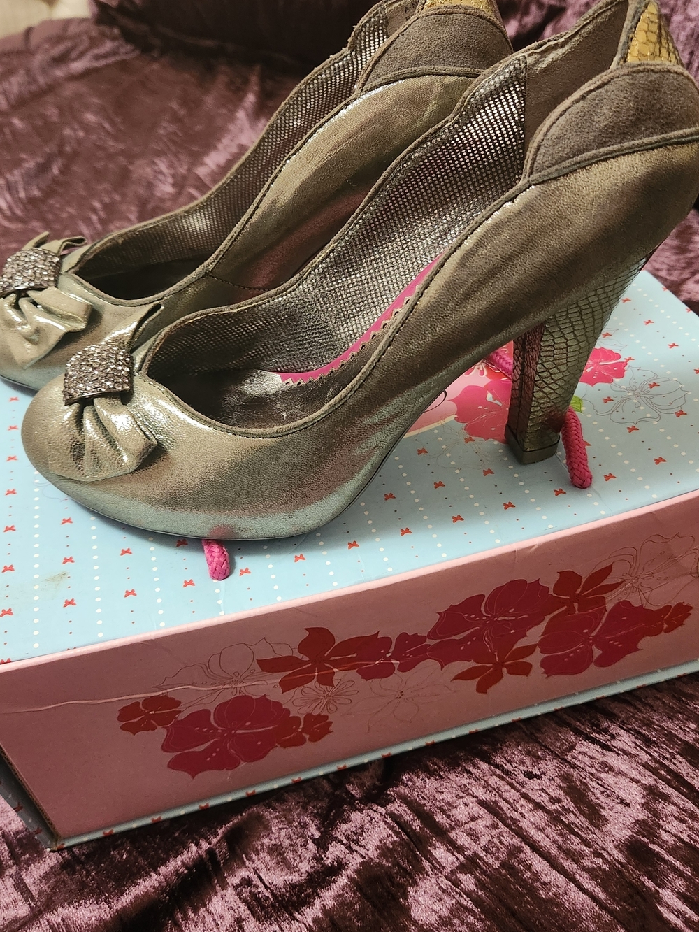 Poetic License Metallic Pewter Bow Accent High Heels
